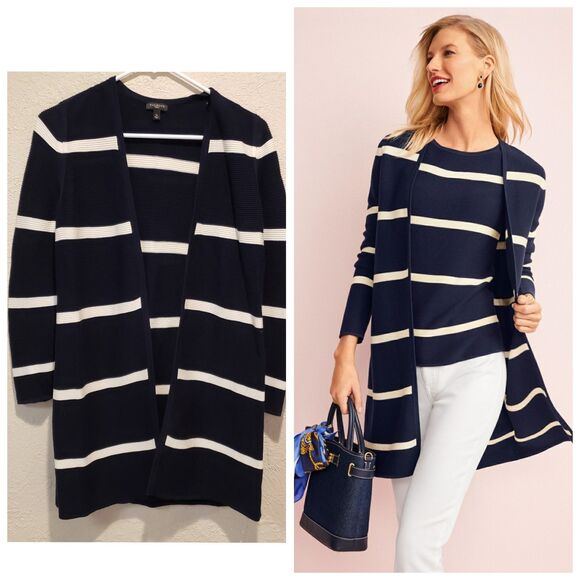 TALBOTS ~ Open-Front Modern Ottoman Cardigan in Navy w/White Stripe Sz Sp - Picture 1 of 10